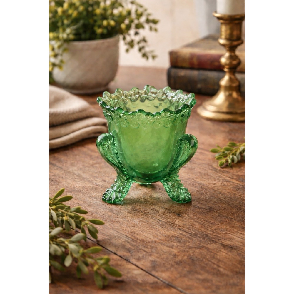 Degenhart Forget Me Not Green Glass Toothpick Holder‎ Votive Candle Vintage